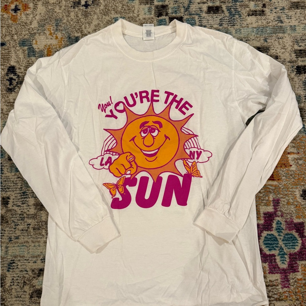 White Long Sleeve Graphic Tee with Sun Design